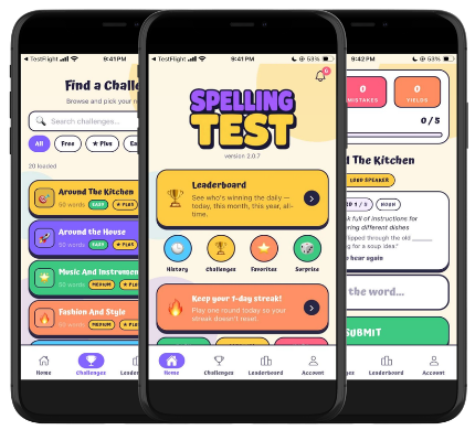 The Spelling Test app shown on three phones